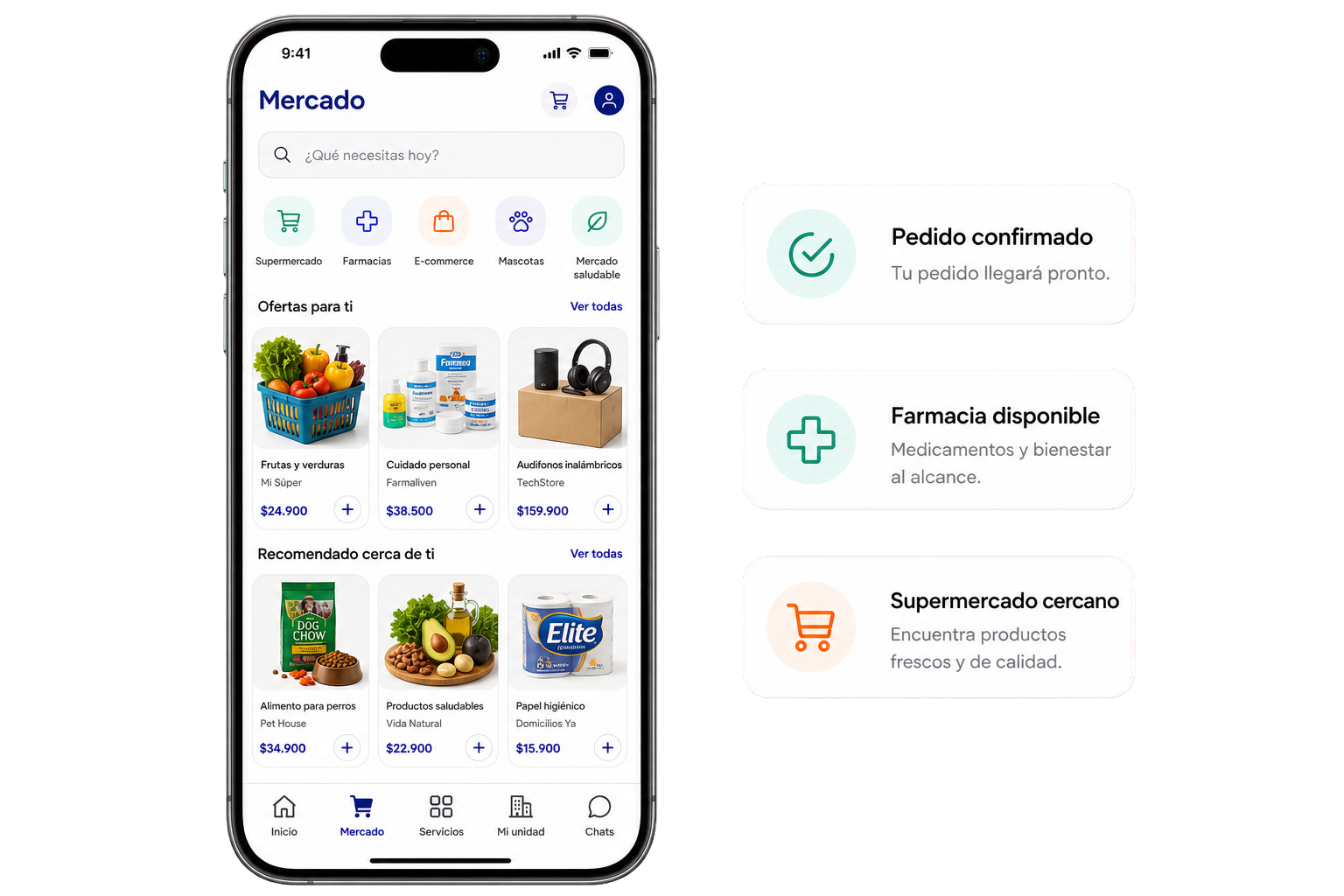 Vista de Mercado Liveen con productos y pedidos en la app